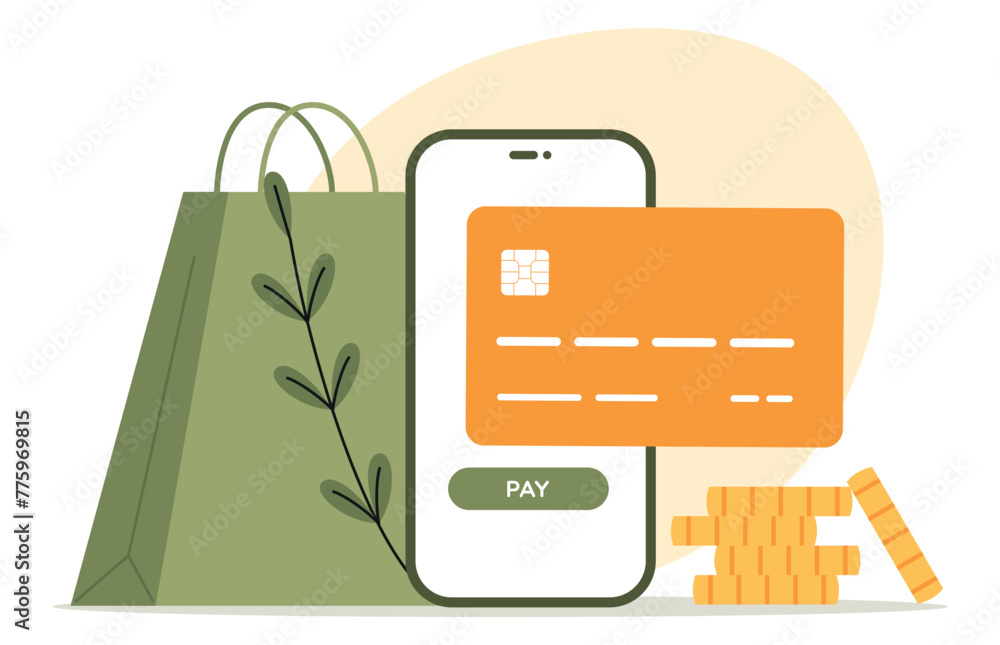Cashless online payment via debit card. Save money concept. Online shopping. Vector illustration. Cashless online payment via debit card. Save money concept. Online shopping. Vector illustration.