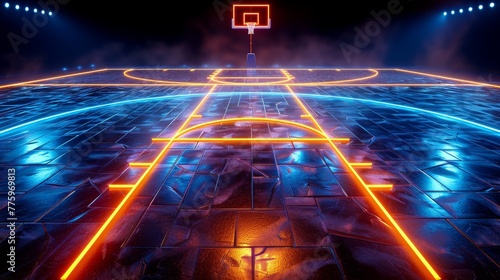 3D render of glowing neon basketball court of abstract © MAY