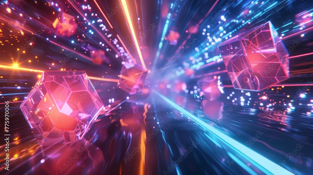 Fototapeta premium 3D render of glowing neon dodecahedrons floating in a digital space
