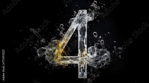 Number 4 made with a splash of water on a black background. symbol four, wet, clean and fresh
