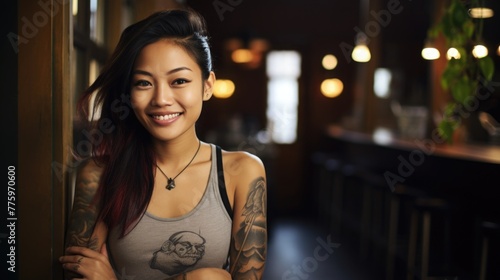 young Asian girl with tattoo smiles. portrait of a generation Z girl. drawing on the skin