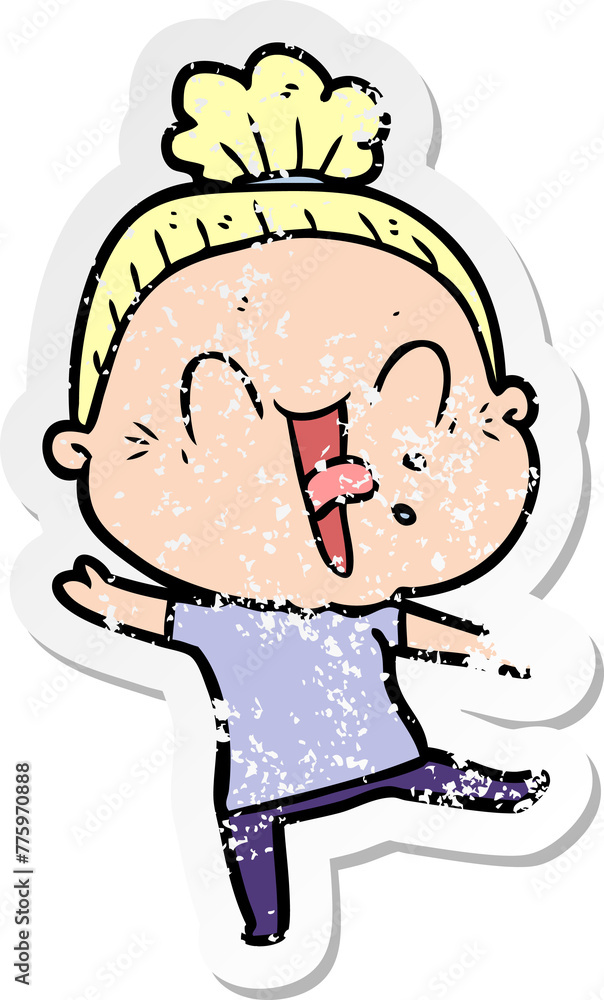 distressed sticker of a cartoon happy old woman distressed sticker of a cartoon happy old woman