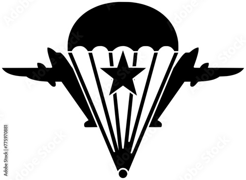 military illustration army silhouette parachute logo air icon sky outline airborne soldier parachuting war parachutist paratrooper jump extreme fly shape plane skydiving force for vector graphic