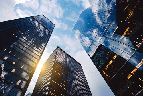 A low angle view of towering skyscrapers with reflective glass facades against a blue sky with clouds..