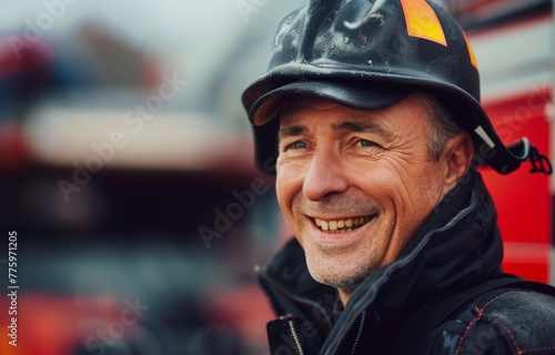 Middle-aged white firefighter smiling with relief and pride after a successful rescue mission