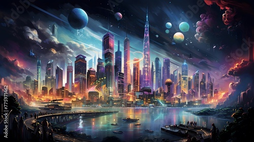Futuristic city at night. Panoramic view of the skyscrapers.