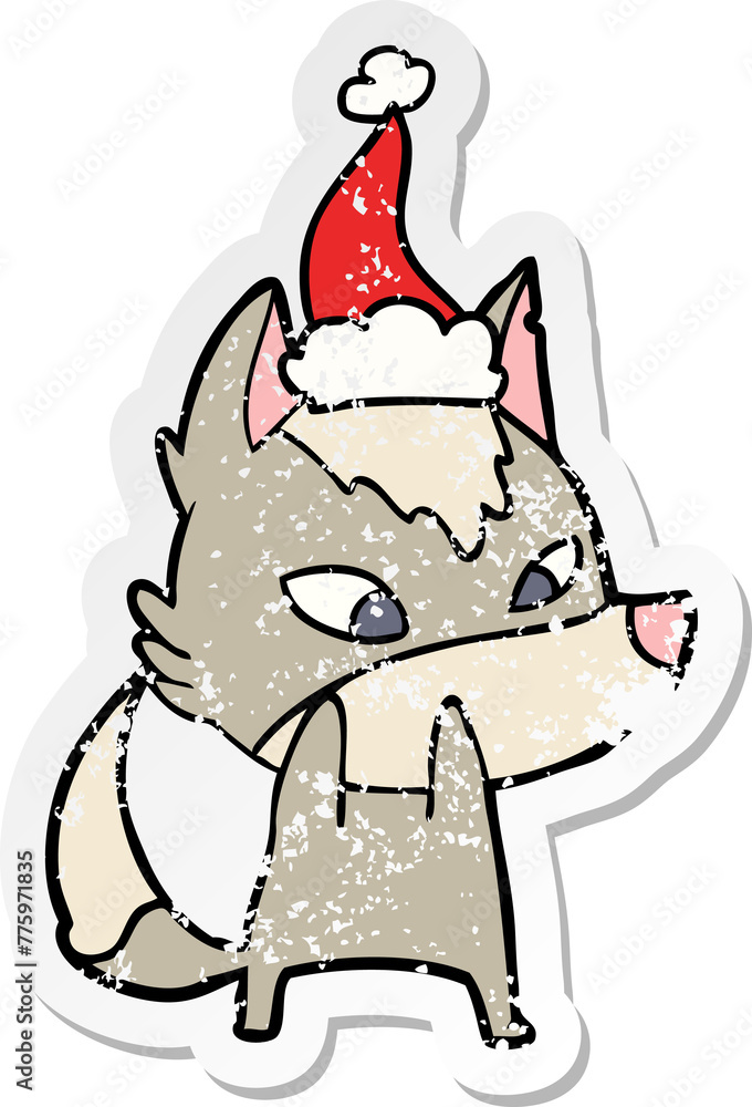 shy hand drawn distressed sticker cartoon of a wolf wearing santa hat shy hand drawn distressed sticker cartoon of a wolf wearing santa hat