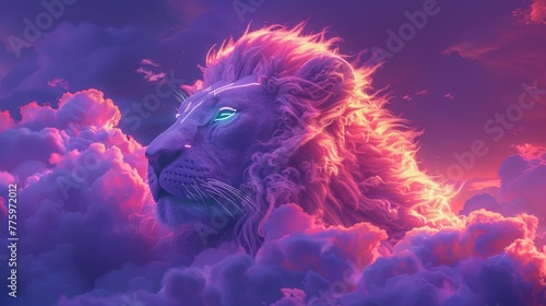 A 3D render of a colorful cloud with glowing neon in the shape of a majestic lion