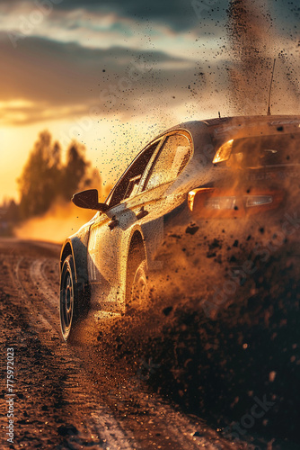 Rally car on dirt road, dust cloud rear curtain sync, dynamic action, sunset silhouette