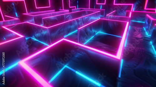 3D rendered image of a labyrinth with pink bright neon lights in the interior. Glow in the dark ultraviolet maze.
