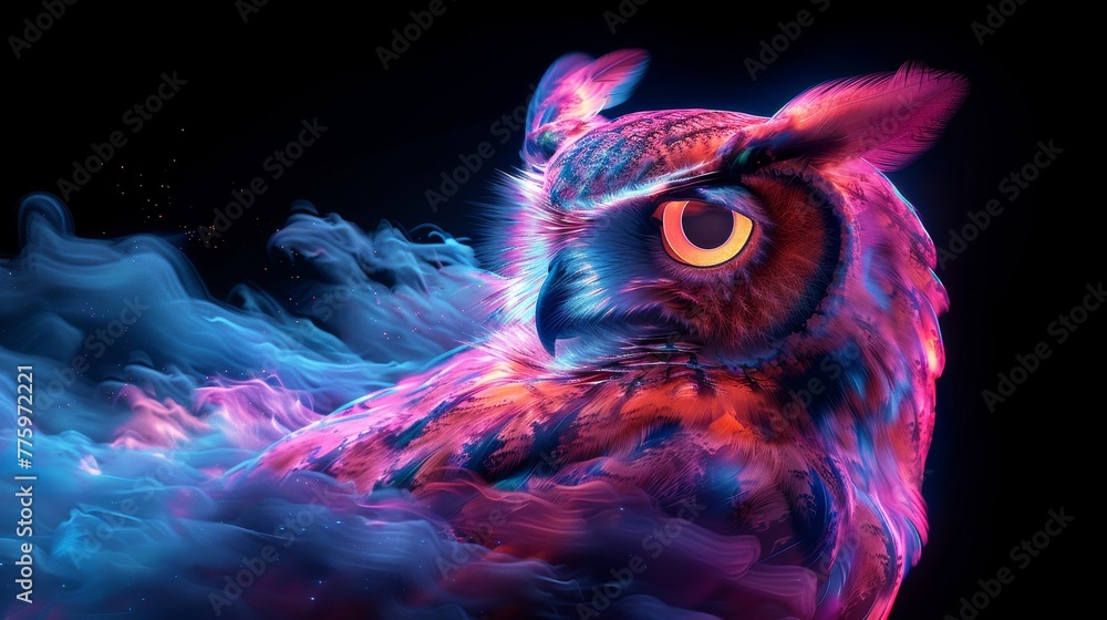 A 3D render of a colorful cloud with glowing neon in the shape of a wise owl