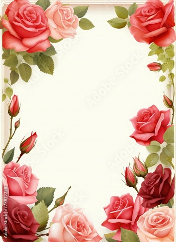 Wedding greeting card, 3d realistic dark red and pink roses with gold swirls framing. ornate floral frame border with copy space