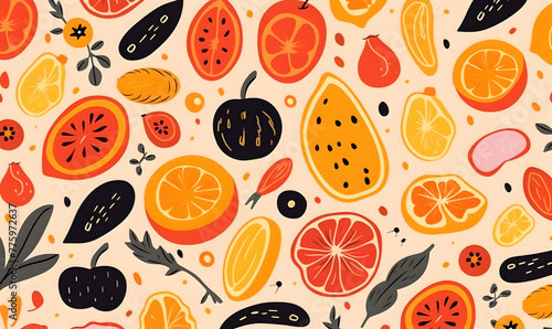 flat Hand drawn abstract pattern with foods