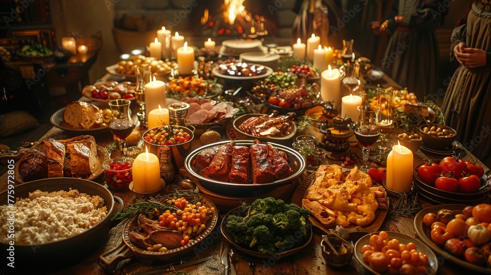 Medieval Banquet: Photograph a lavish banquet table with noble guests, feasting on roasted meats, fruits, and goblets of wine to showcase medieval dining customs
