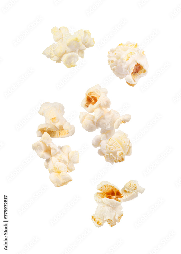 Tasty fresh popcorn flying on white background Tasty fresh popcorn flying on white background