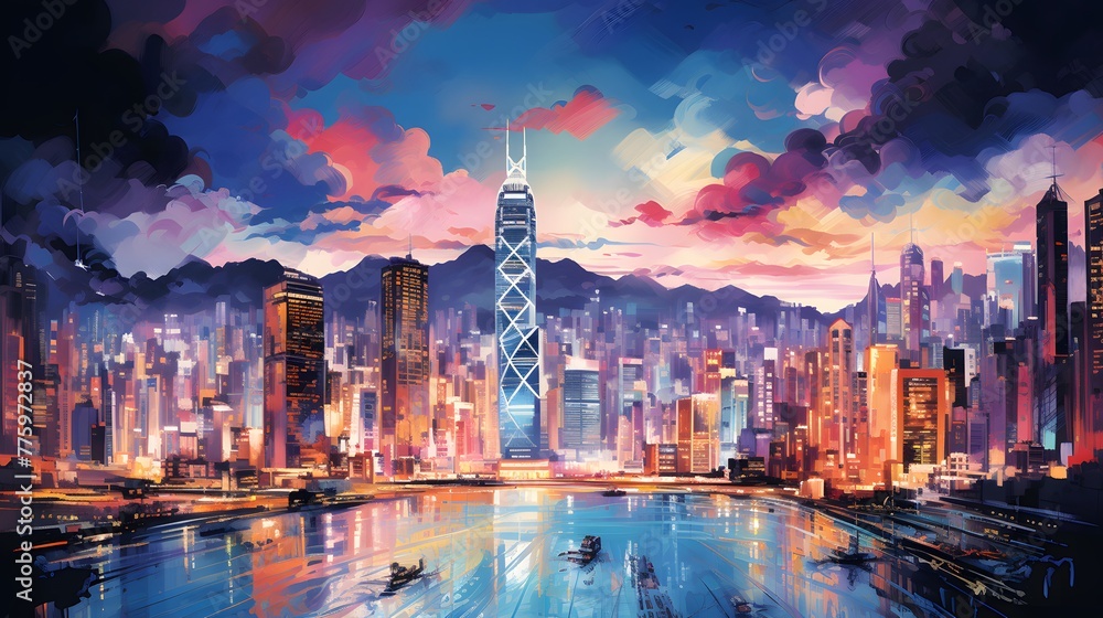 Panoramic view of Hong Kong city at night. Vector illustration