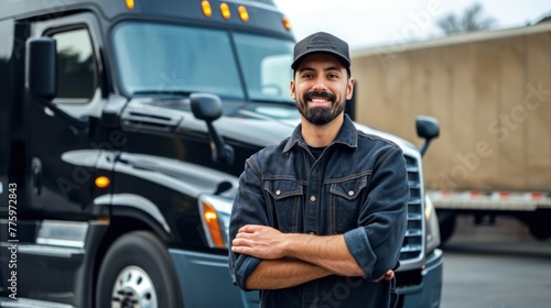 Happy confident male driver standing in front on his truck and looking at camera photo