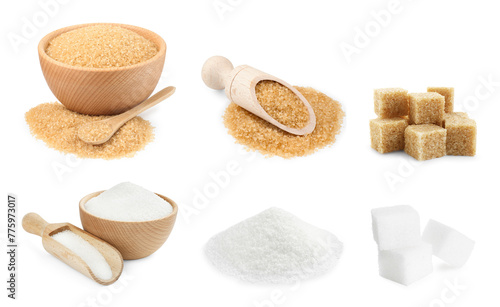 Different sugar (granulated and cubes) isolated on white, set