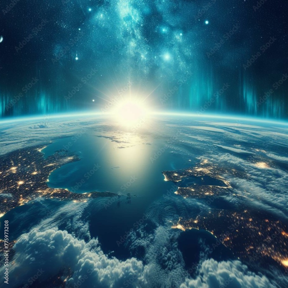 Fototapeta premium blue sunrise, view of earth from space