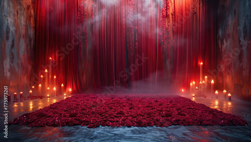 A large red rose carpet on the ground, surrounded by candles and hanging curtains, creating an atmosphere of mystery in dark space. Created with Ai