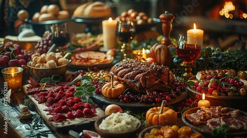 Medieval Banquet  Photograph a lavish banquet table with noble guests  feasting on roasted meats  fruits  and goblets of wine to showcase medieval dining customs