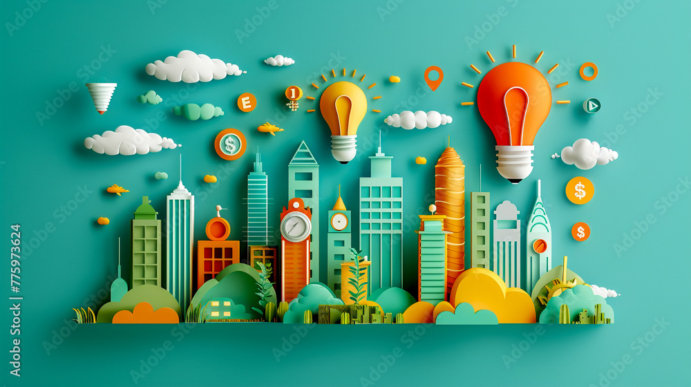 Naklejka premium A 3D cityscape with buildings shaped like various business icons, from light bulbs to dollar signs, symbolizing the ecosystem of entrepreneurship