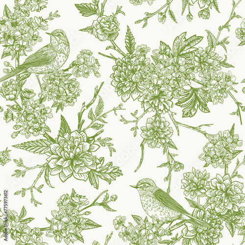 Seamless floral pattern with birds. Blooming garden trees. Vector detailed design. Green.
