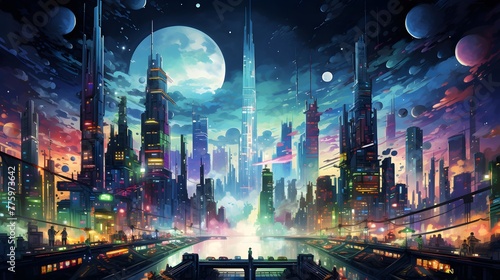 Futuristic city panoramic night view. 3D rendering © Iman