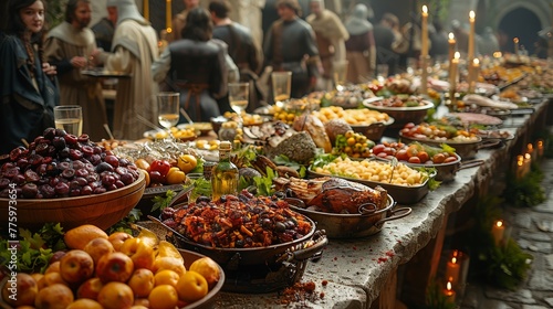 Medieval Banquet: Photograph a lavish banquet table with noble guests, feasting on roasted meats, fruits, and goblets of wine to showcase medieval dining customs