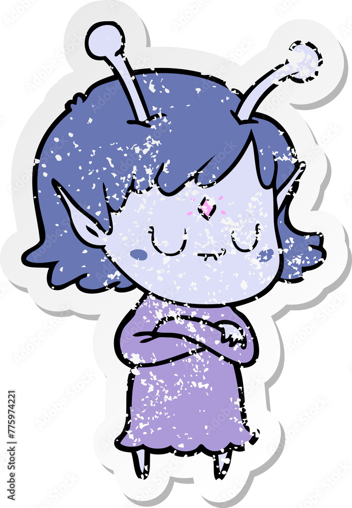 distressed sticker of a cartoon alien girl distressed sticker of a cartoon alien girl