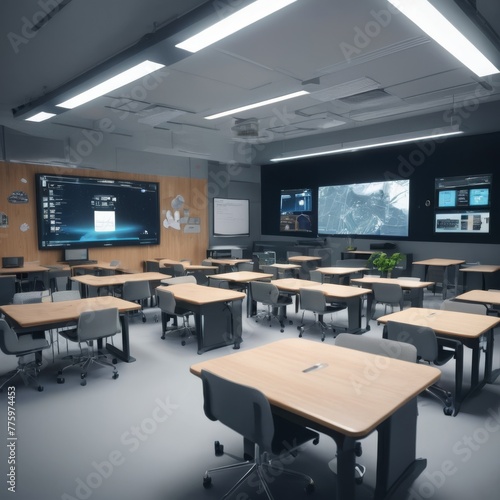 A contemporary classroom equipped with interactive technology and screens, designed for a collaborative and digital learning environment