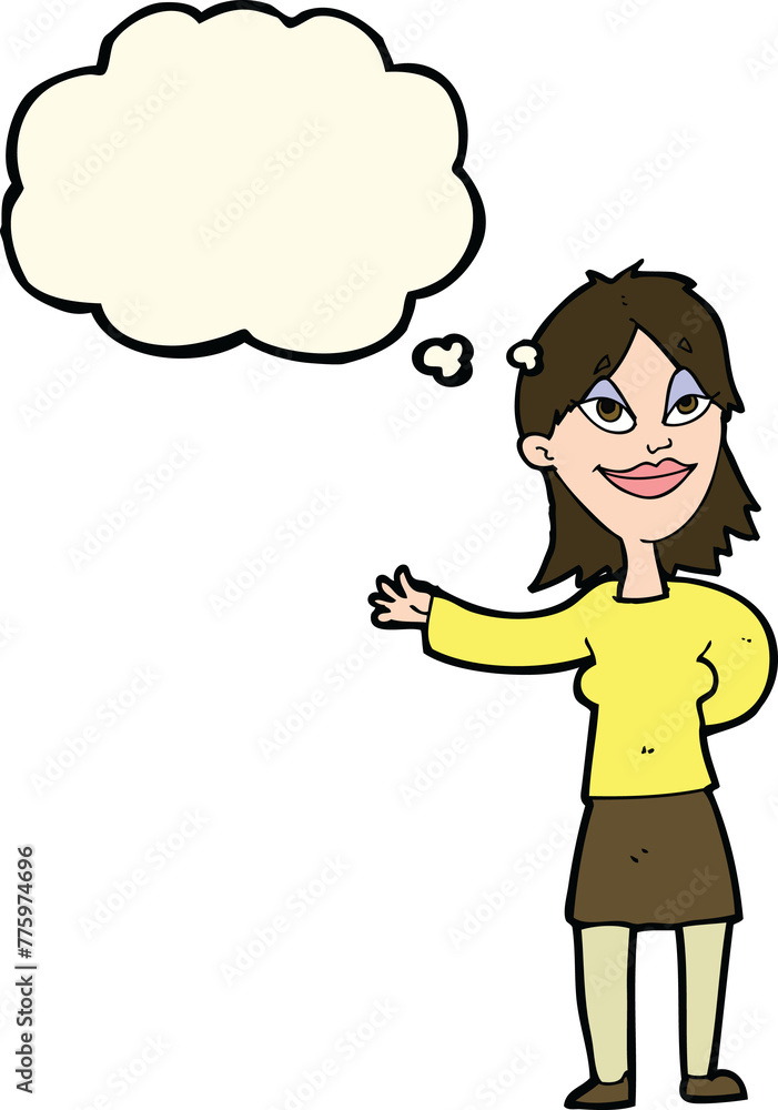cartoon woman gesturing to show something with thought bubble cartoon woman gesturing to show something with thought bubble