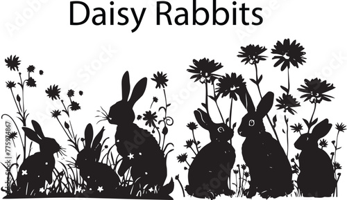 A lot of Rabbits in a daisy flower garden silhouette vector illustration.