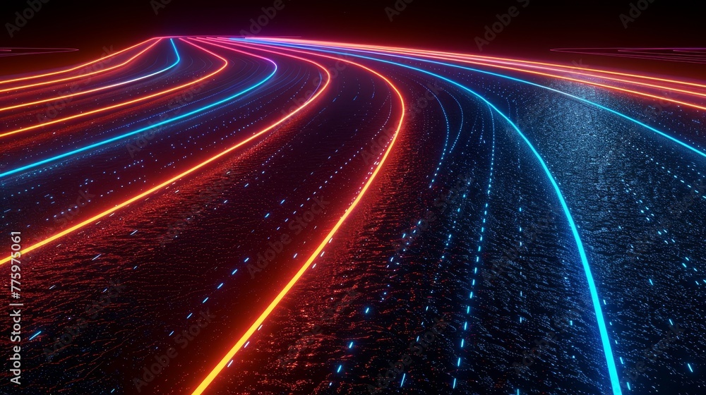 A 3D render of glowing neon track and field on black background A 3D render of glowing neon track and field on black background