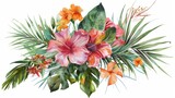 Bohemian floral arrangement with tropical flowers. Watercolor botanical illustration on a white background. Wildflower clip art isolated on a white background.