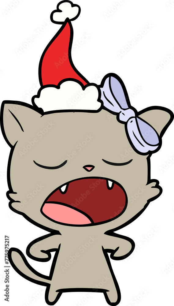 hand drawn line drawing of a yawning cat wearing santa hat hand drawn line drawing of a yawning cat wearing santa hat