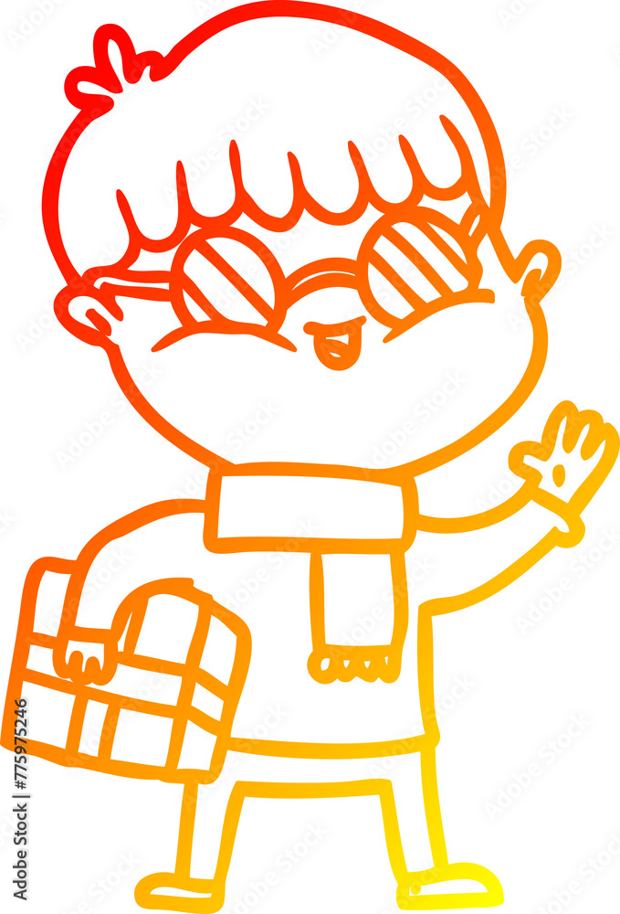 warm gradient line drawing of a cartoon boy wearing spectacles carrying gift warm gradient line drawing of a cartoon boy wearing spectacles carrying gift