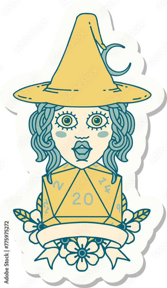 sticker of a human witch with natural twenty dice roll sticker of a human witch with natural twenty dice roll