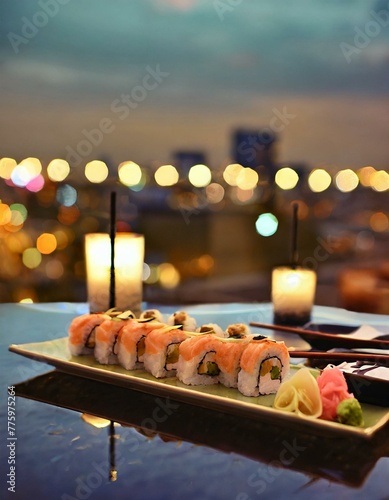 An assortment of sushi and rolls displayed on a modern glass table on a city rooftop at night, illuminated by twinkling city lights and lanterns, highlighting a chic urban gathering