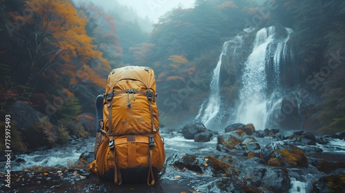 adventure-ready spirit of a rugged hiking backpack, positioned against a backdrop of lush forest trails and cascading waterfalls