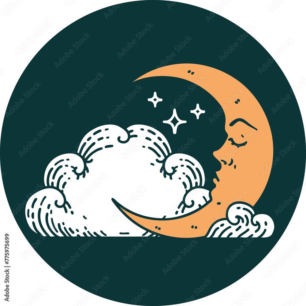 iconic tattoo style image of a crescent moon and clouds iconic tattoo style image of a crescent moon and clouds