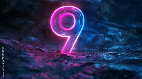 Digital symbol 9, abstract number nine glowing in the dark with pink blue neon light. photo