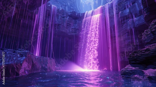 A shimmering neon waterfall cascading down a rocky cliff