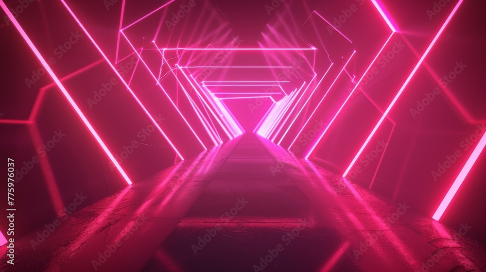 Intense pink and red laser rays on a green neon background, abstract neon background, chaotic lines glowing in the dark, modern wallpaper with abstract neon background - obrazy, fototapety, plakaty 