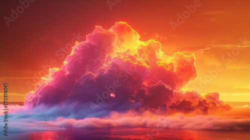 A vibrant 3D render of a neon cloud with geometric shapes, set against a sunset orange background © MAY
