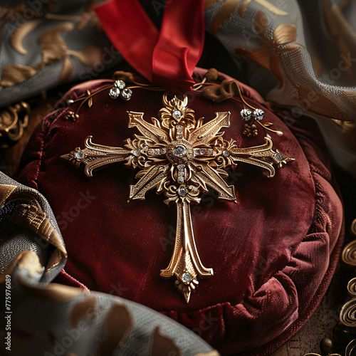 golden cross pendant on a red cushion, adorned with jewels photo