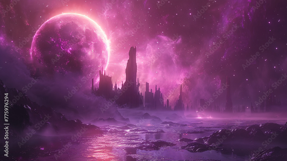 vibrant, purple-hued cosmic landscape with a large celestial body.