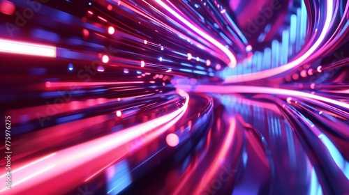 Render in 3D. Abstract futuristic neon background. Rounded red blue lines glowing against a backdrop of metal strips. Ultraviolet spectrum. Cyberspace background.