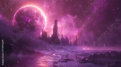 vibrant, purple-hued cosmic landscape with a large celestial body. photo