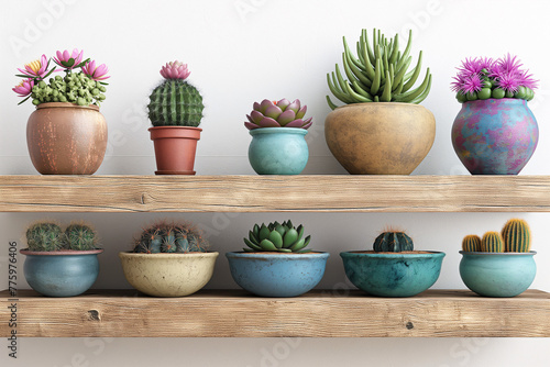 serene display of various succulents in colorful pots on wooden shelves